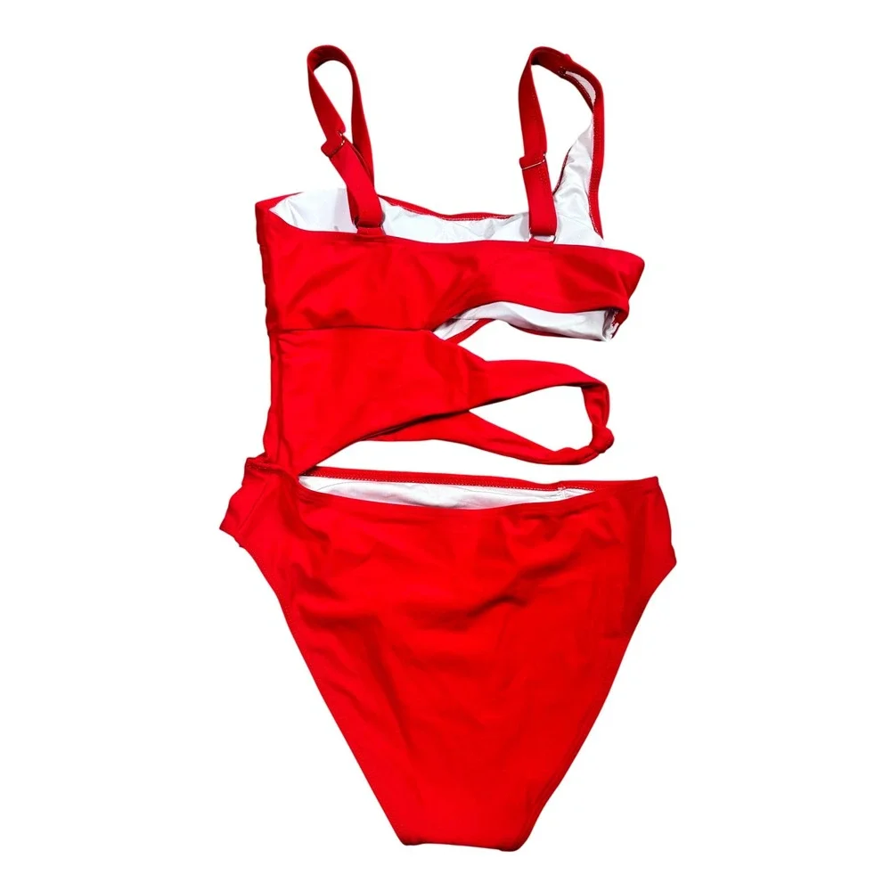 Red Cut-Out One Piece Swimsuit Monokini Adjustable Straps Knot Detail Size Small